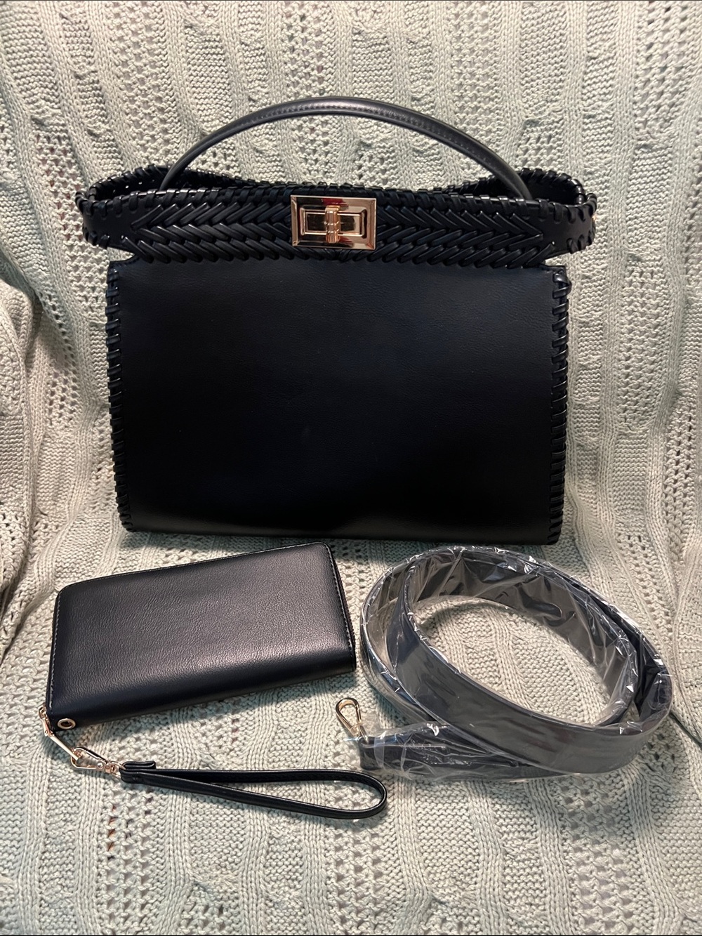 New Black Women's Top-Handle Woven Accent Bag with Wallet and Strap.